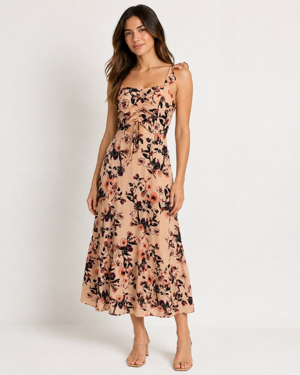 Chelsea28 Pink Floral Ruched Cutout Midi Dress XS